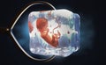 A cryopreserved fetus frozen into ice cube held by metal pliers