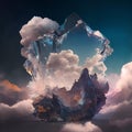 3D illustration of a crystal with mountains and clouds in the background