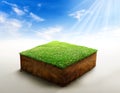 3D Illustration, cubical soil ground cross section with earth land and green grass, Soil layers