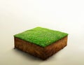 3D Illustration, cubical soil ground cross section with earth land and green grass, Soil layers. realistic 3D rendering ground