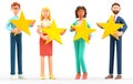 3D illustration of customer review rating concept. Multicultural people characters giving feedback with stars.