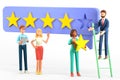 3D illustration of customer service concept with multicultural people characters giving five star feedback.