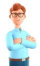 3D illustration of cute cartoon man with eyeglasses in blue shirt with arms crossed. Smiling confident businessman