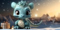3d illustration of a cute dragon on a winter background
