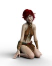 3D illustration of a cute female pixie mythical fairy creature kneeling isolated on a white background