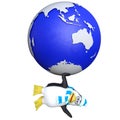 3D-illustration of a cute and funny cartoon penguine on ecosystem earth