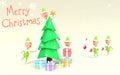 3D illustration of cute, funny elves decorating a Christmas tree with a Merry Christmas message