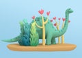 3d illustration. A cute funny plasticine dinosaur walks among the primeval vegetation