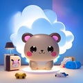 3d illustration of a cute kawaii bear sitting on a table in front of a blue background AI Generated