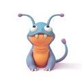 3d illustration of a cute little cartoon blue monster with a yellow belly sitting on white background. Concept art Royalty Free Stock Photo