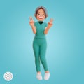 3d illustration cute nurse shows peace sign gesture laughing and smiling posing happy