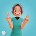 3d illustration cute nurse shows peace sign gesture laughing and smiling posing happy