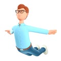 3D illustration of cute smiling man flying in air like a plane. Cartoon falling happy businessman, cheerful freelancer