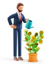 3D illustration of cute smiling man watering money tree. Cartoon bearded businessman holding a watering can