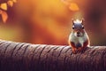 3d illustration of Cute squirrel baby sitting on a timber in autumn Generative AI illustration