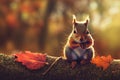 3d illustration of Cute squirrel baby sitting on a timber in autumn Generative AI illustration