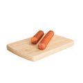 3D illustration of a cutting board with two sausages isolated on white background