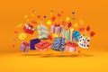 3d illustration. 3d letters autumn sale. Packages, bags, gifts from the store and snowflakes on a orange background