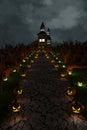 3D illustration, 3D rendering, Devil Pumpkin and Haunted Castle