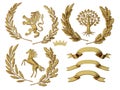 3D illustration of heraldry. A set of objects. Golden olive branches, oak branches, crowns, lion, horse, tree Royalty Free Stock Photo