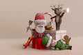 3D Illustration , 3d rendering . Santa Claus With Elfs On Happy New Year Greeting Card Holiday Concept