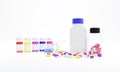 3d illustration 3d rendering of vaccine vials medicine on white background white plastic medicine bottles and multicolored pills Royalty Free Stock Photo