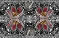 3D Wallpaper Texture, Red Jewelry Flowers On Black Silk Background.