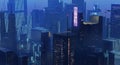 3d illustration of dark blue science fiction dystopian future city with holographic billboards - digital fantasy illustration