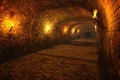 3d illustration of a dark medieval castle dungeon tunnel lit by fire torches on the walls