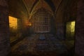 3D illustration of a dark medieval underground dungeon with cage hanging from the ceiling