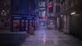 3D rendering of a dark moody pedestrian walkway in a seedy downtown city area at night. Noir environment concept