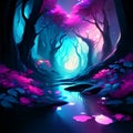 3d illustration of a dark mystical forest with glowing neon lights. generative AI Royalty Free Stock Photo