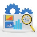 3D Illustration of Data Analysis and Gears with Magnifying Glass statistics charts Royalty Free Stock Photo