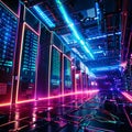 3d illustration of a datacenter server room with neon lights Generative AI