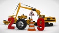 3D illustration date 2019 New year, the image of a traffic cone and a stop sign, for the calendar. 3D rendering of road machinery