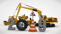 3D illustration date 2019 New year, the image of a traffic cone and a stop sign, for the calendar. 3D rendering of road machinery