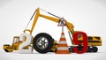 3D illustration date 2019 New year, the image of a traffic cone and a stop sign, for the calendar. 3D rendering of road machinery