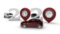 3D illustration of the date 2020 new year with numbers and pins navigators instead of zeros. Wheels and car are complementary to