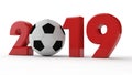 3D illustration of 2019 date, with a soccer ball. The idea for the calendar, 3D rendering of the world Cup, the victory date