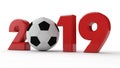 3D illustration of 2019 date, soccer ball, football era, year of sport. 3D rendering. The idea for the calendar