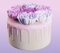 3d illustration of a decorated cake with cream, icing, smudges, flowers, peonies.