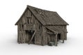3D illustration of a decrepit old grey wooden barn with open doors and holes in the roof isolated on a white background Royalty Free Stock Photo