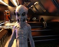 Illustration of a deformed grey alien with four large black eyes and two mouths standing on the bridge of a spaceship