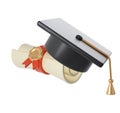 3d illustration of Degree Diploma or graduation scroll with red ribbon and university or college black cap graduate Icon