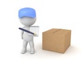 3D illustration of deliverman with package asking for a signature