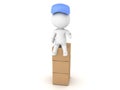 3D Illustration of a delivery man sitting on top of stack of box