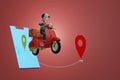 3d illustration , Delivery package by scooter on mobile phone. Order package in E-commerce by app. Tracking courier by map