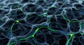Microscopic 3D illustration of an organic neural network with glowing green and blue synaptic connections Royalty Free Stock Photo
