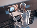 A 3D illustration depicting a humanoid robot working with a laptop, engaged in studying human brain