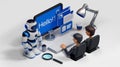 3D Illustration of Robot and Businesspeople Working on a Computer